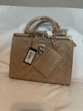 bebe Taupe Embossed Top-Handle Satchel with Cardholder Charm